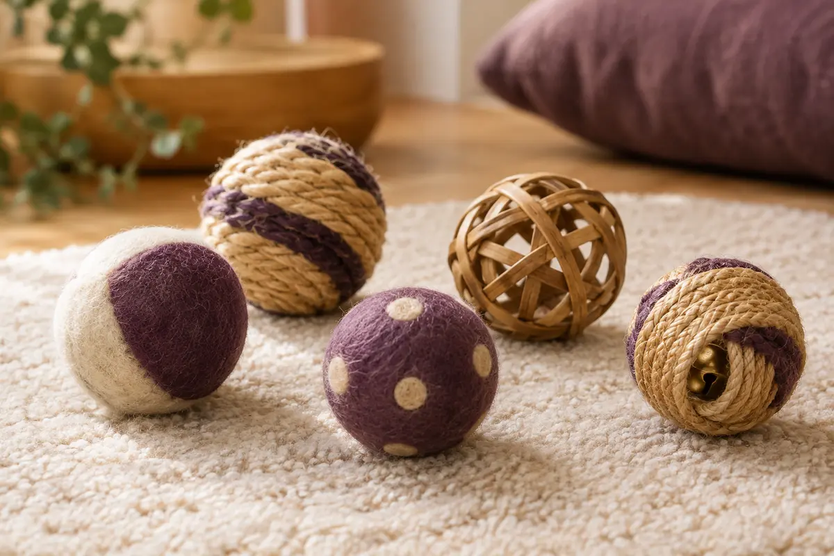Balles pour chat de différentes matières disposées sur un tapis crème