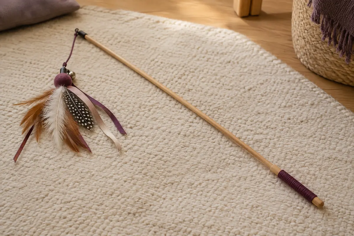 Canne à pêche pour chat avec plume et ruban sur un tapis clair