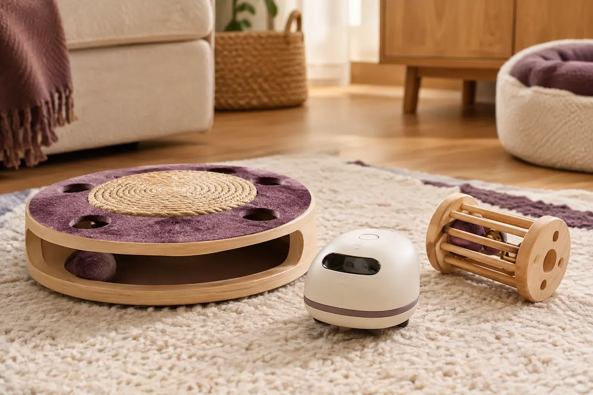 Jouets interactifs pour chat présentés sur un tapis clair