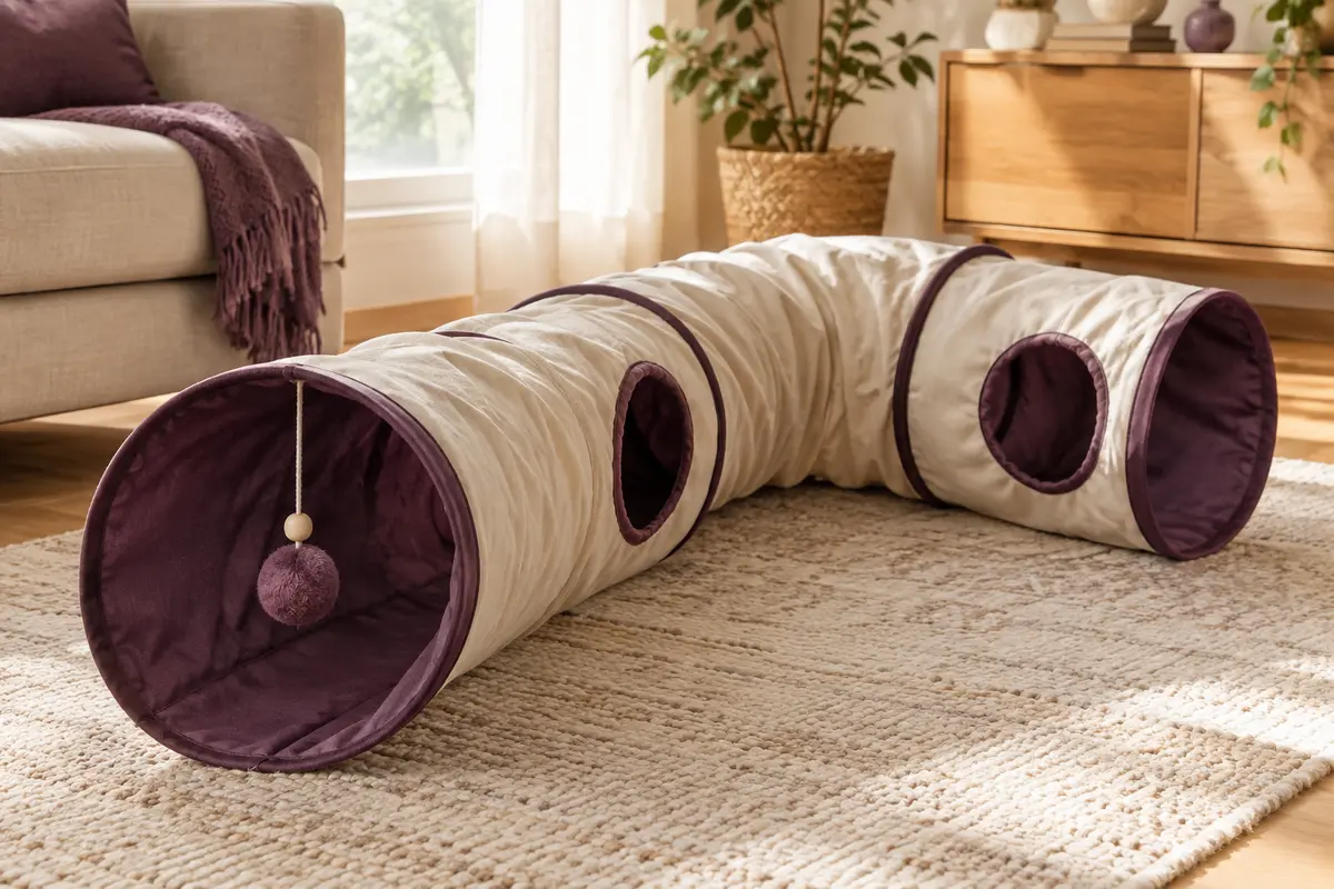 Tunnel pliable pour chat installé en courbe dans un séjour lumineux
