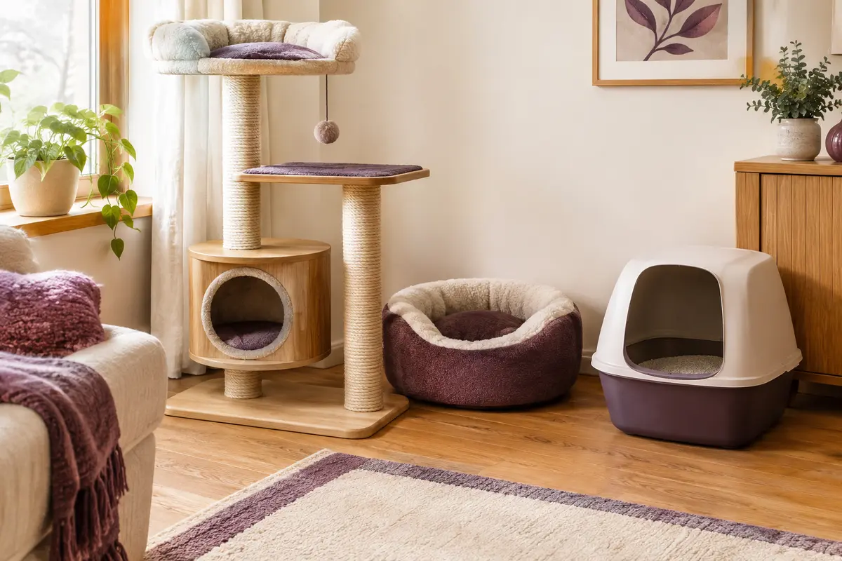 Arbre à chat, panier et bac à litière dans un intérieur lumineux