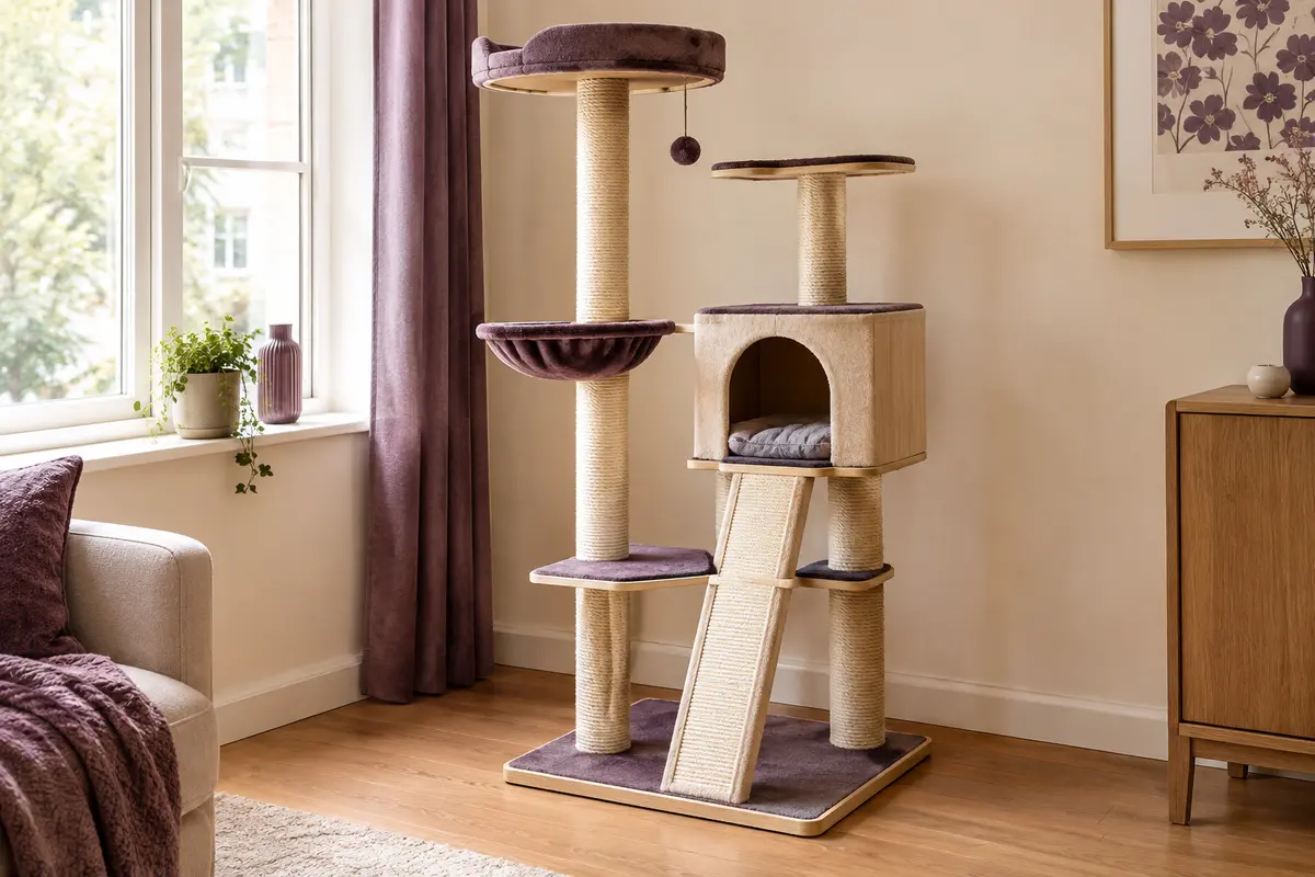 Arbre à chat avec plateformes et poteaux en sisal près d’une fenêtre