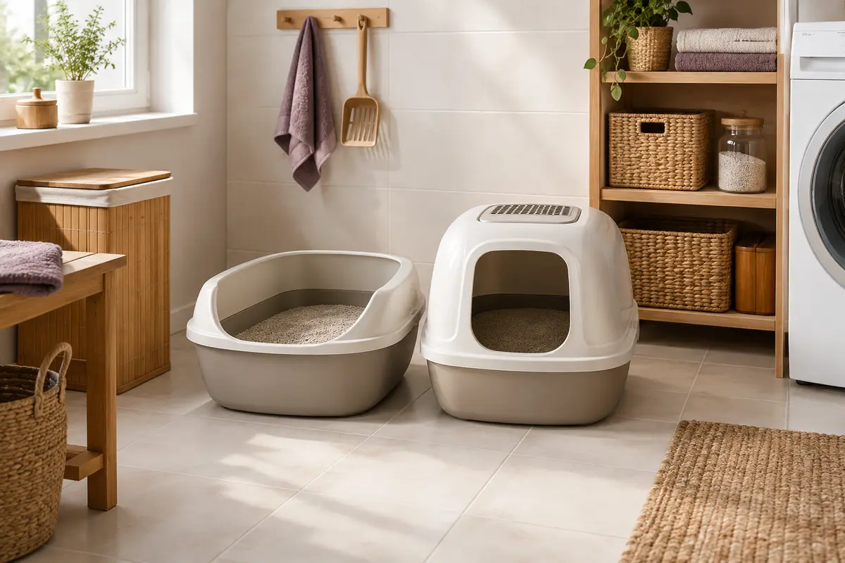 Bac à litière ouvert et maison de toilette fermée dans une pièce claire