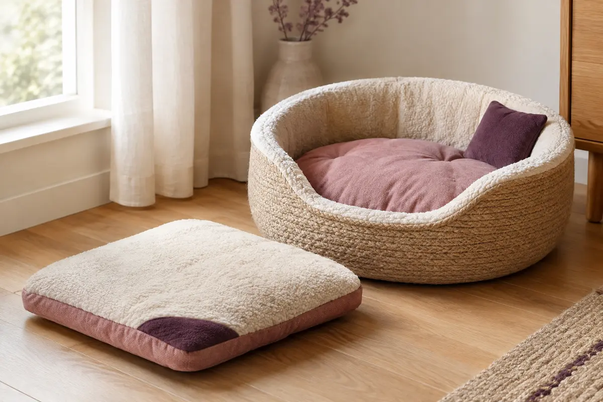 Panier et coussin pour chat aménagés dans un coin repos lumineux