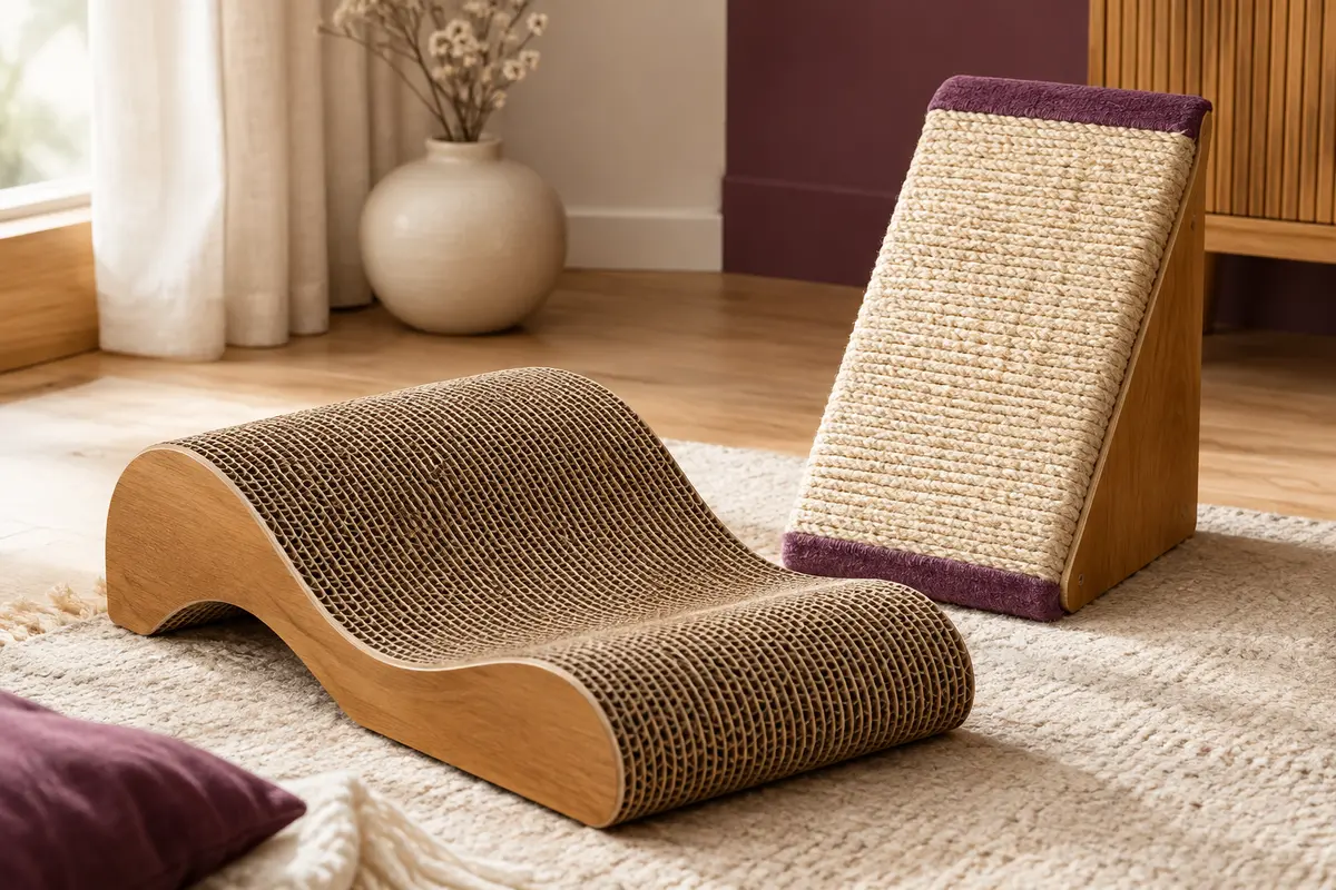 Griffoirs pour chat en carton et en sisal dans un intérieur sobre