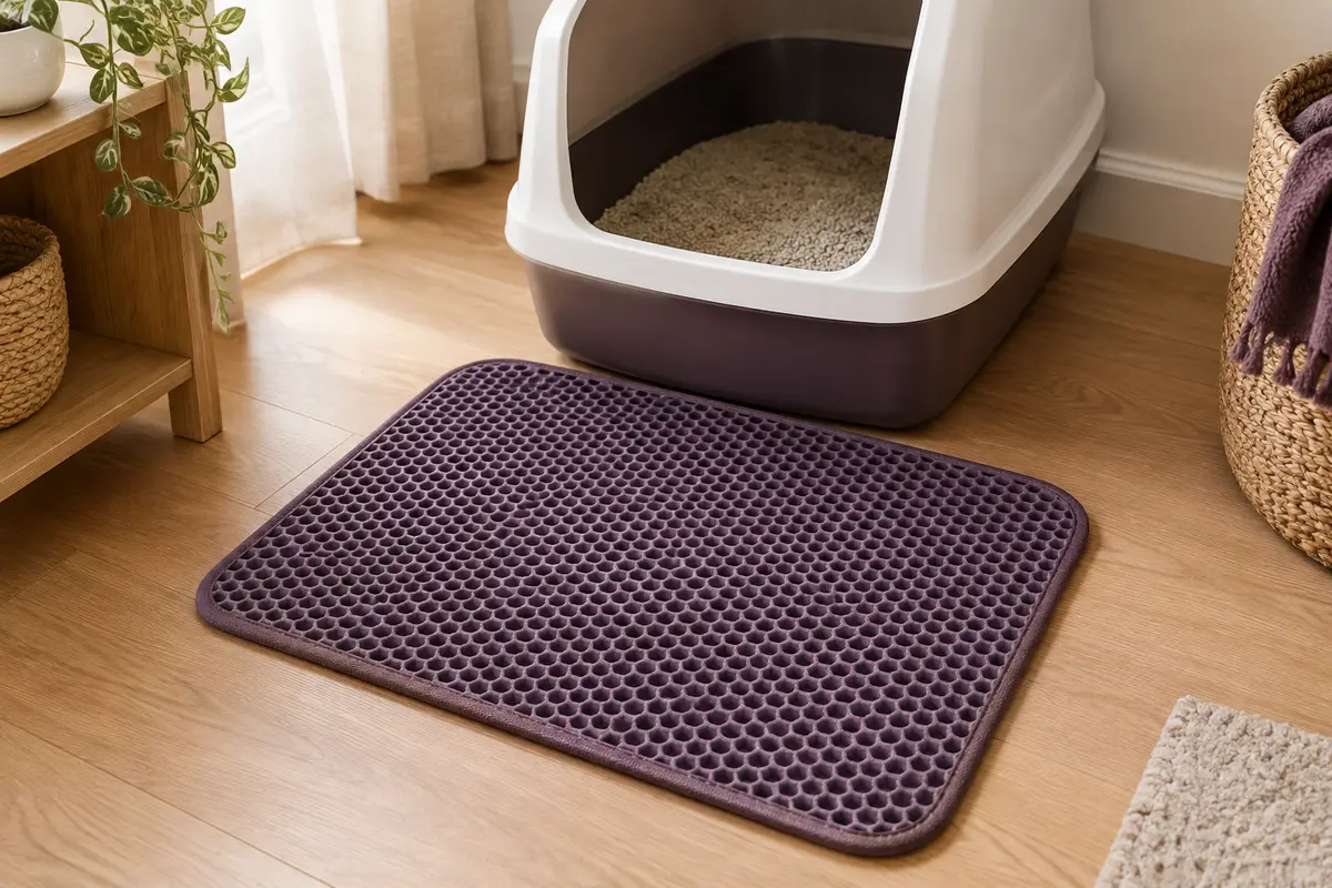 Tapis de litière alvéolé placé devant un bac dans un intérieur clair