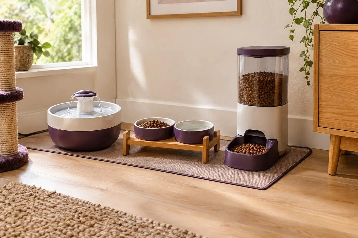 Gamelles, fontaine à eau et distributeur automatique dans un espace repas