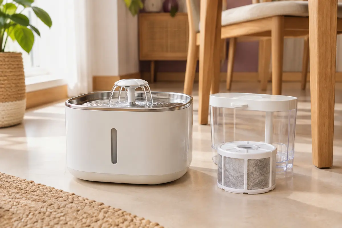 Fontaine à eau pour chat et filtre présentés dans un coin repas clair