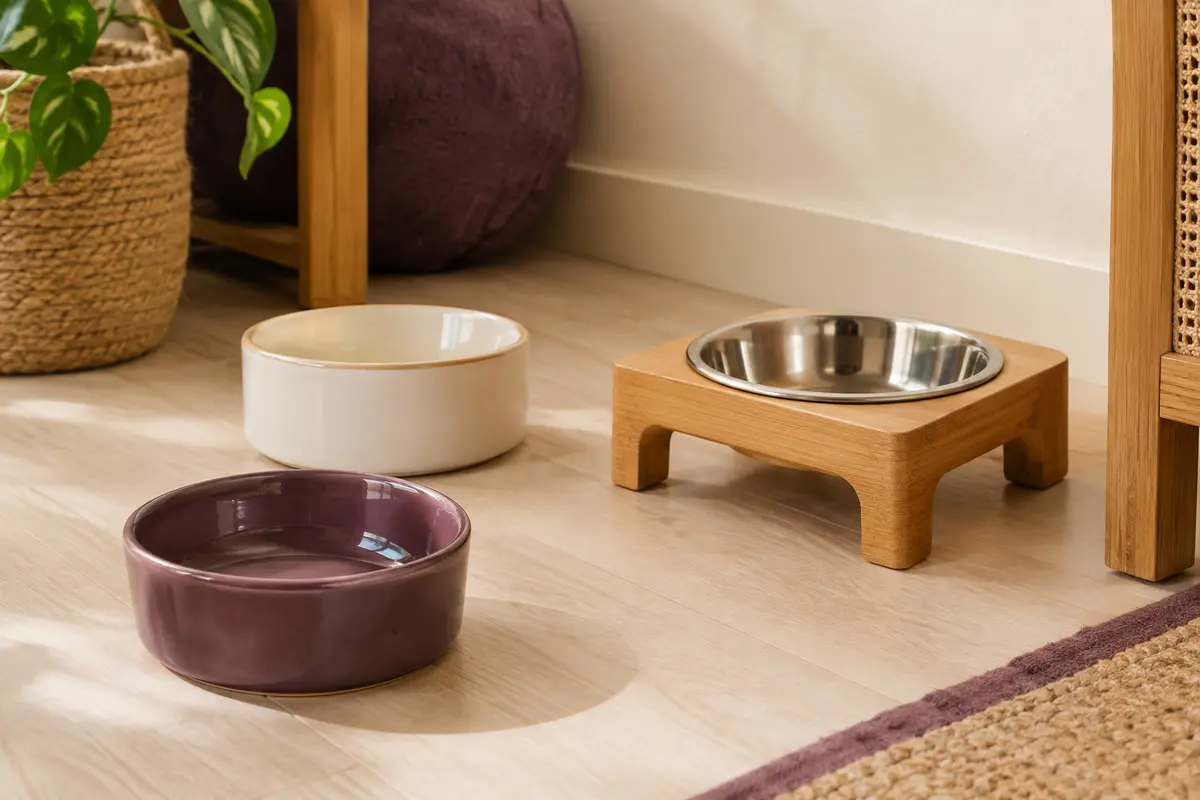 Gamelles pour chat en céramique et inox avec support de repas