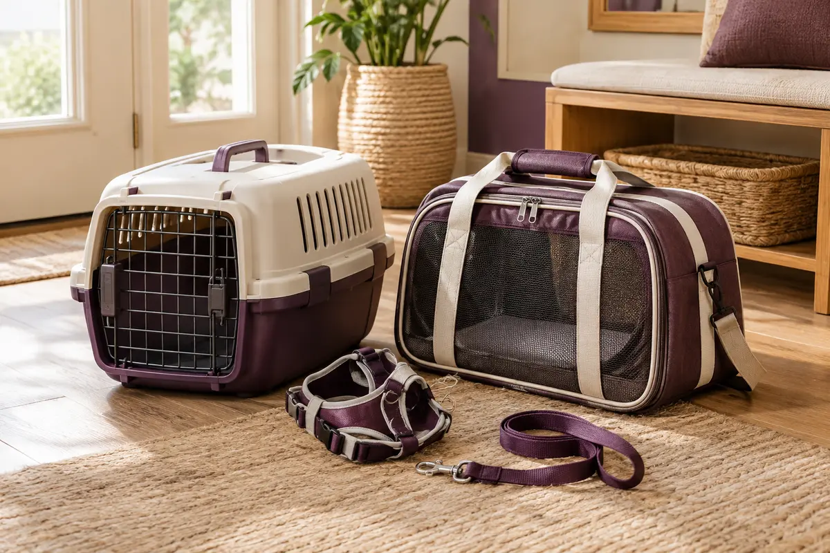 Caisse, sac de transport, harnais et laisse pour chat présentés ensemble