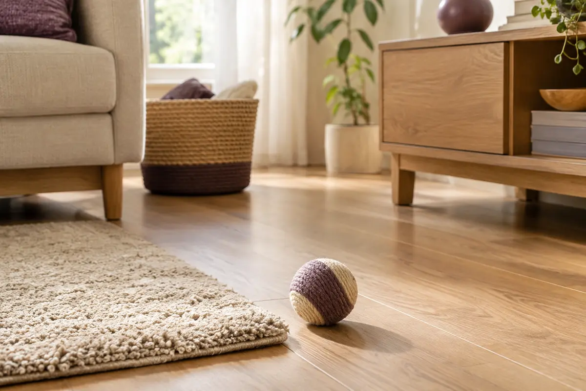 Balle pour chat dans une zone de jeu dégagée d’un petit salon, près d’un panier de rangement