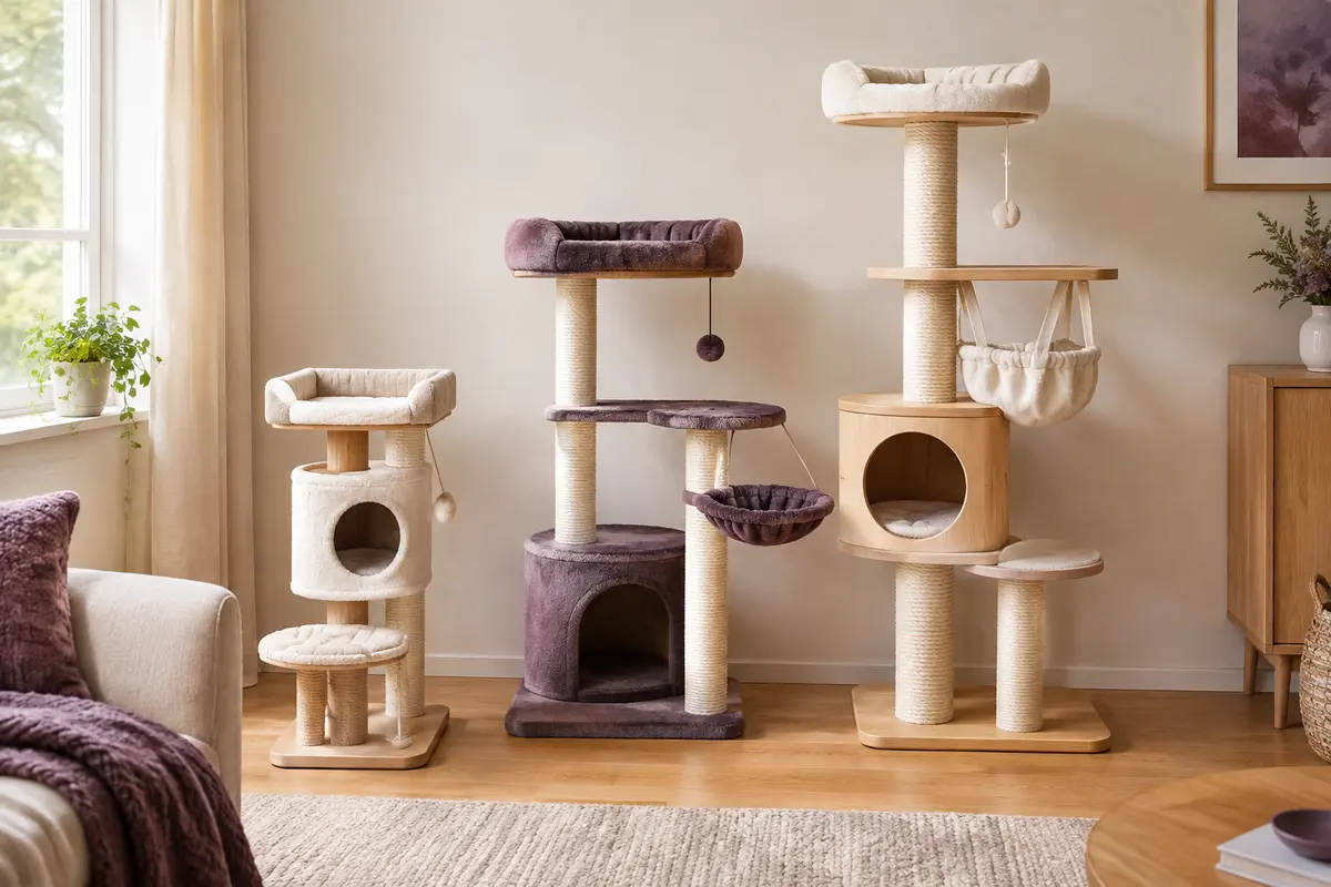Trois arbres à chat de formats compact, moyen et grand présentés côte à côte dans un intérieur lumineux.