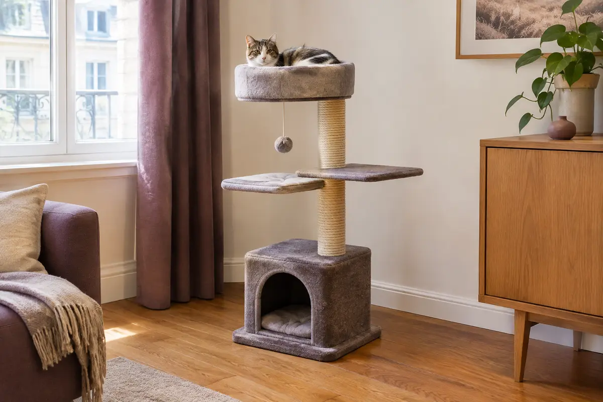 Arbre à chat à plusieurs niveaux installé dans un appartement avec un espace de circulation dégagé