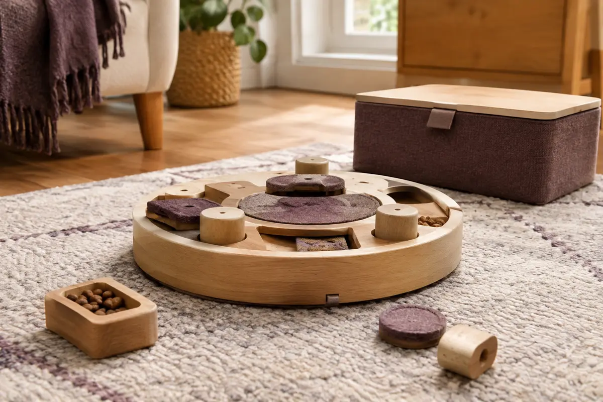 Jouet de réflexion pour chat posé sur un tapis, avec ses accessoires rangés à proximité