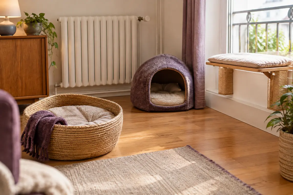 Trois couchages pour chat, ouverts, fermés et surélevés, disposés à distance d’un radiateur