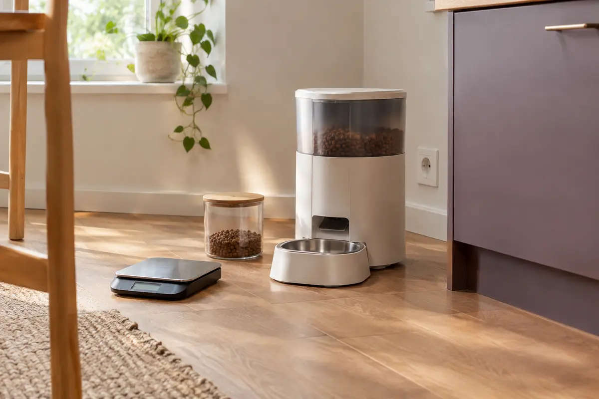 Distributeur automatique pour chat et balance de cuisine dans un coin repas propre et stable.
