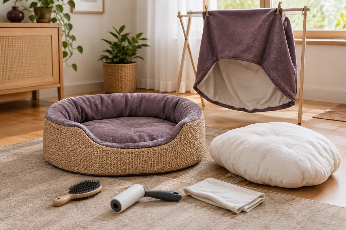 Housse de couchage pour chat en cours de séchage à l’air libre, avec brosse douce et rouleau anti-poils.