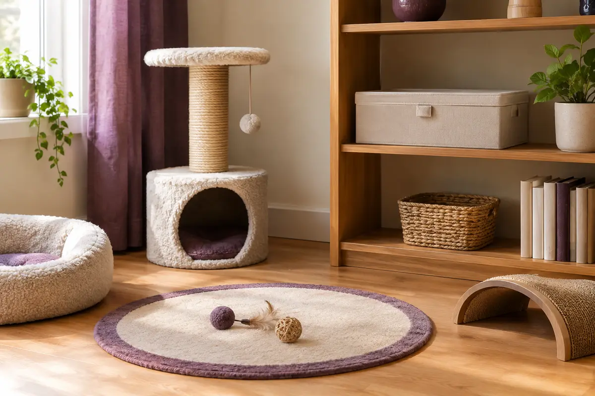 Canne à pêche pour chat et accessoires rangés dans une boîte fermée après une séance de jeu