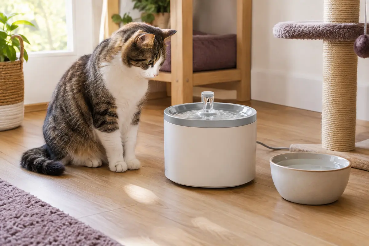 Un chat observe une fontaine à eau installée près de son bol habituel dans un coin calme.