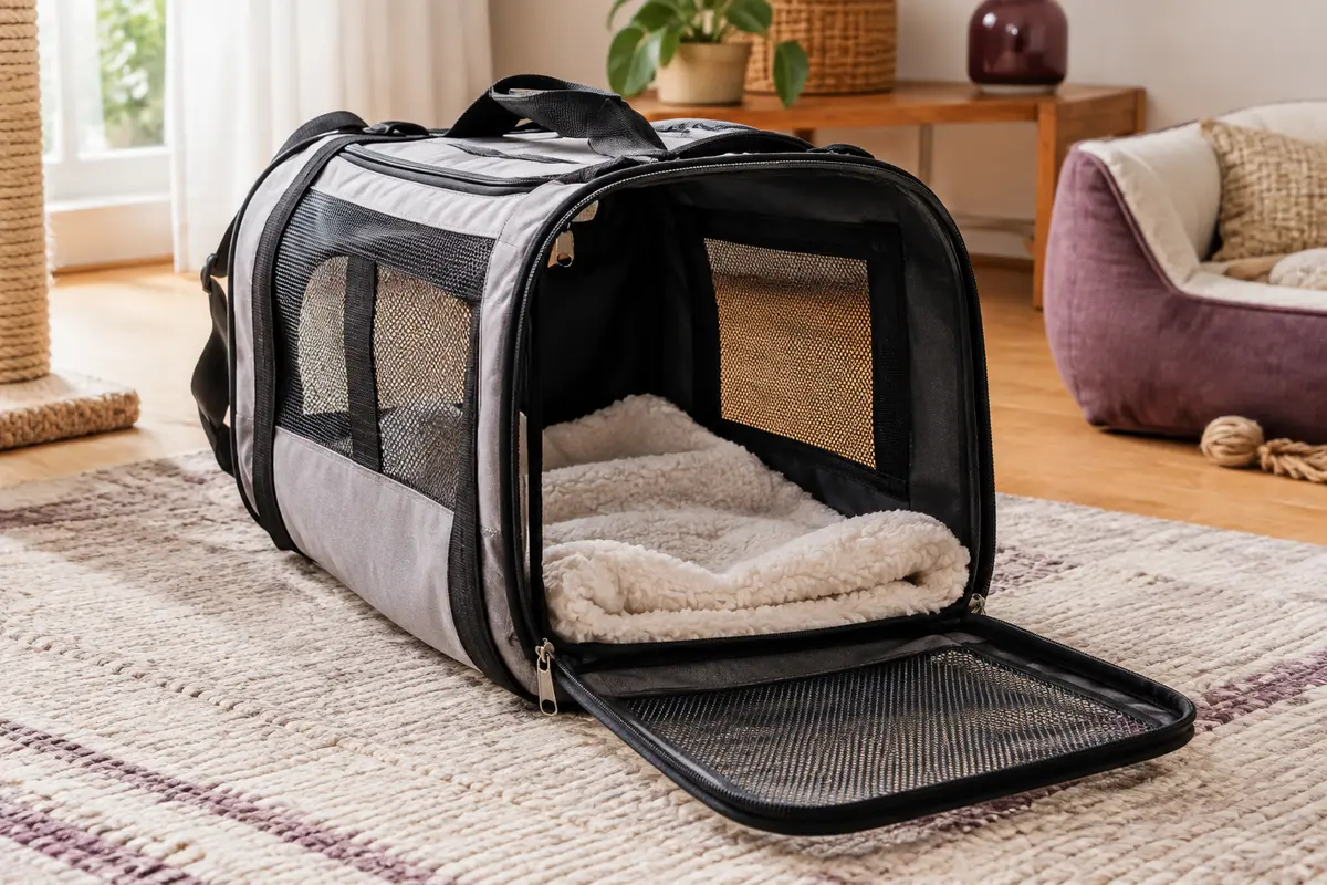 Sac de transport pour chat ouvert et installé dans un intérieur calme avec une couverture familière