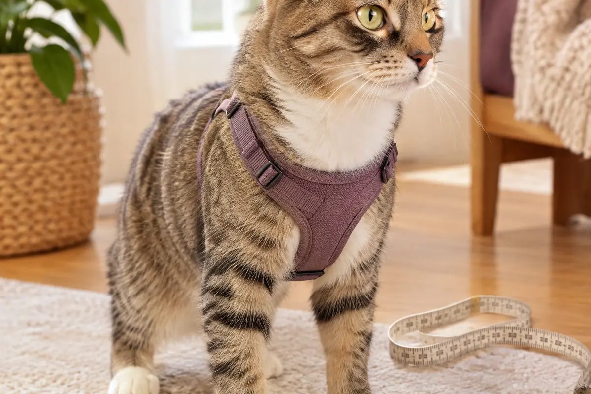 Chat portant un harnais bien ajusté, avec un ruban de mesure souple posé à ses côtés