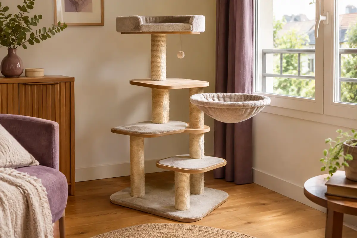 Arbre à chat de hauteur modérée avec plateformes rapprochées près d’une fenêtre sécurisée