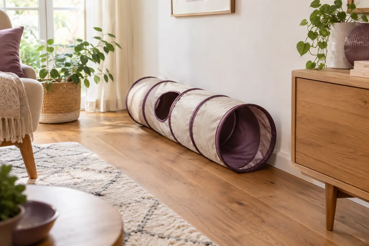 Tunnel pliable installé contre un mur dans un petit salon, sans bloquer le passage