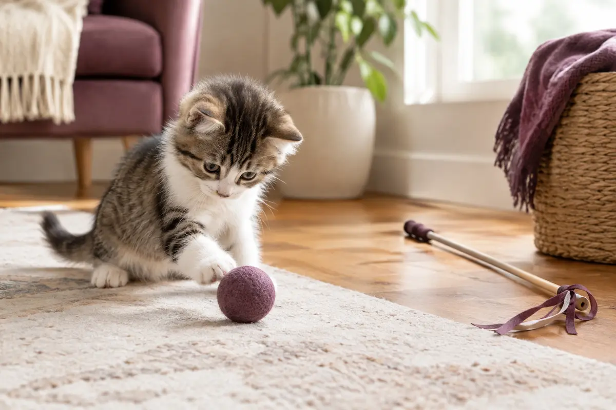 Un chaton près d’une balle simple, tandis qu’une canne à pêche est rangée hors de sa portée.