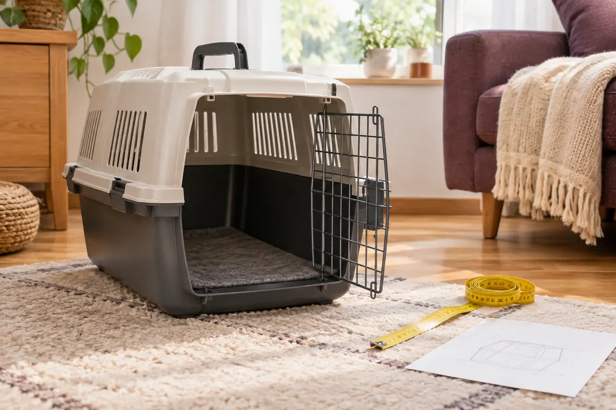 Caisse de transport ouverte et mètre ruban illustrant la vérification de l’espace intérieur pour un chat
