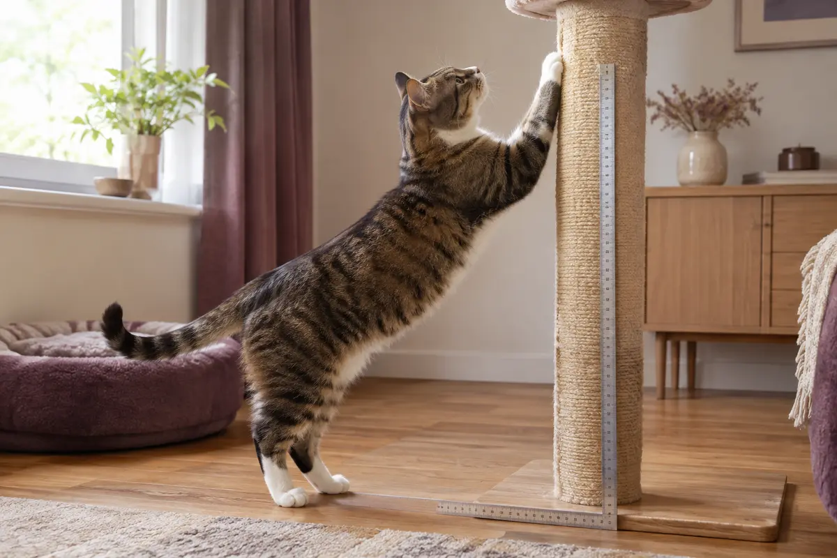 Chat étiré contre un griffoir vertical, avec une règle indiquant la hauteur utile à mesurer