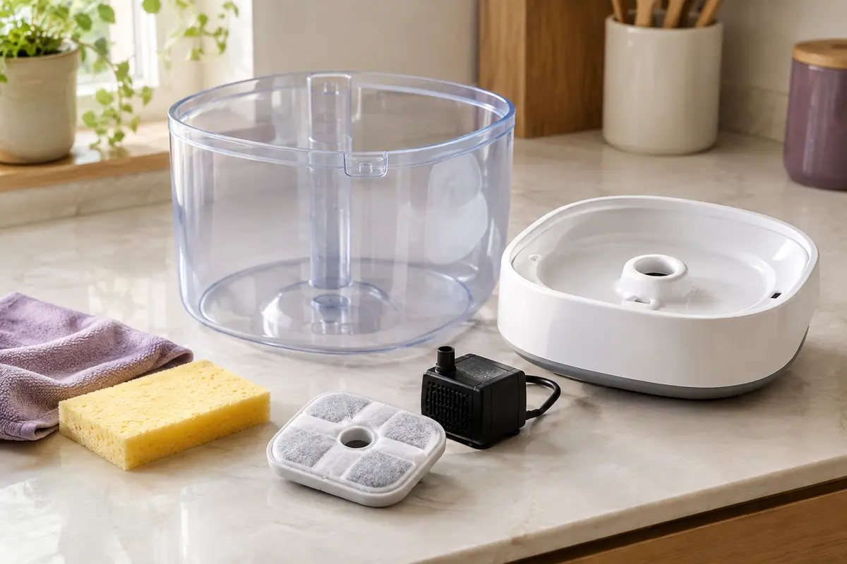 Fontaine à eau pour chat démontée avec son réservoir, son filtre et sa pompe prêts à être nettoyés