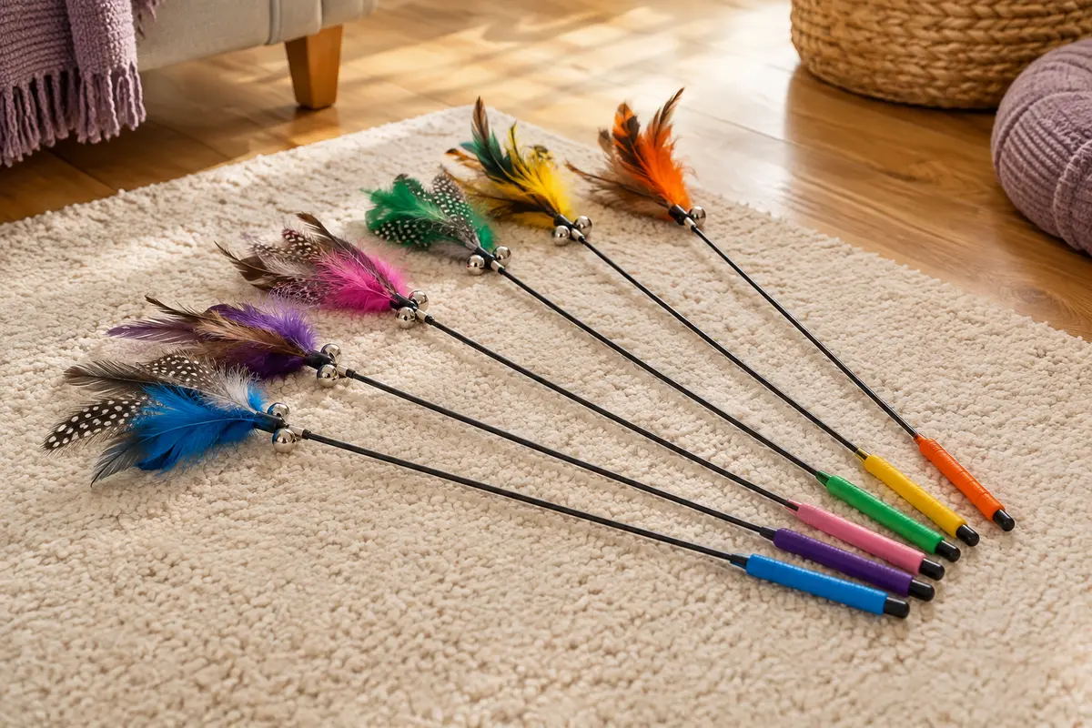 Six baguettes à plumes multicolores avec clochettes, posées sur un tapis crème près d’un sol en bois.