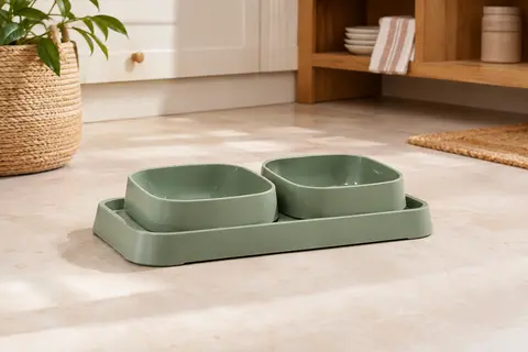 Gamelle double verte Aimé avec deux bols amovibles, posée dans un intérieur clair aux tons crème et bois.