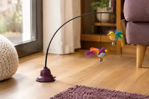Canne à pêche pour chat à ventouse, avec perche flexible et deux oiseaux multicolores à plumes et clochettes.