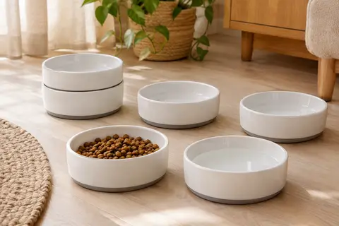 Lot de six gamelles blanches en céramique pour chat, plates et dotées d’une base antidérapante en silicone
