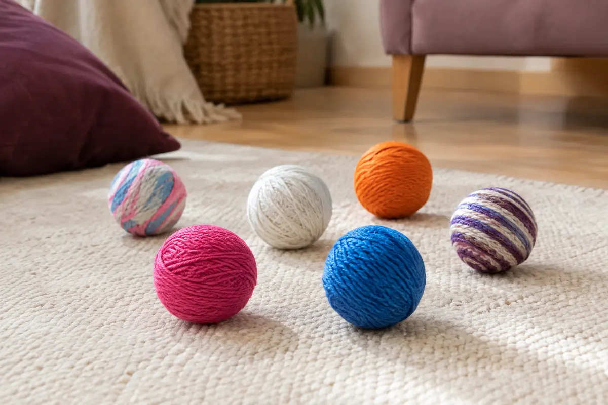Six petites balles colorées en fil pour chat posées sur un tapis clair dans un intérieur chaleureux