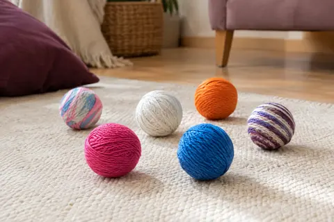 Six petites balles colorées en fil pour chat posées sur un tapis clair dans un intérieur chaleureux