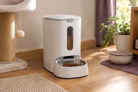 Distributeur automatique de croquettes blanc avec réservoir à fenêtre, installé dans un intérieur chaleureux
