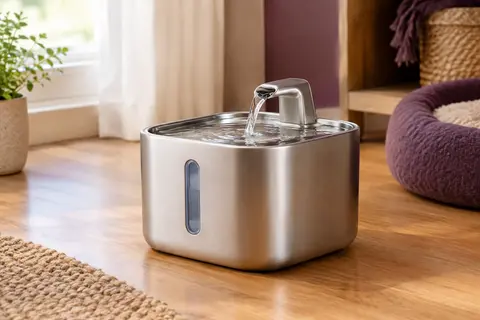 Fontaine à eau pour chat en acier inoxydable avec fenêtre de niveau, posée dans un intérieur chaleureux.