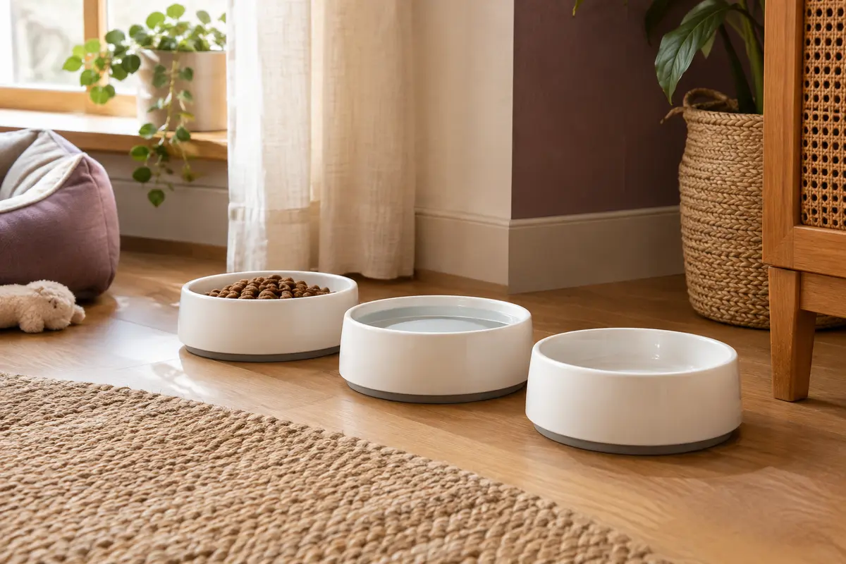Trois gamelles blanches en céramique pour chat, avec base en silicone, disposées dans un coin repas chaleureux.