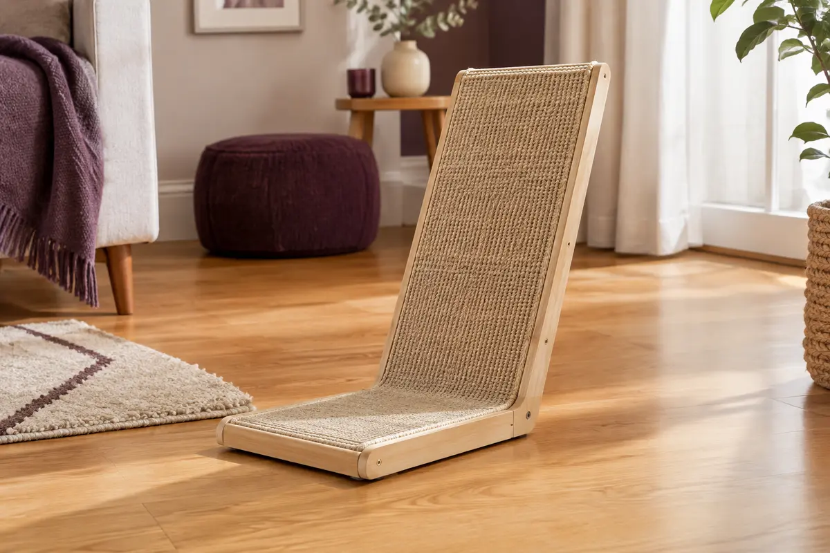 Griffoir pour chat en sisal naturel et bois clair, présenté en position inclinée dans un intérieur chaleureux.
