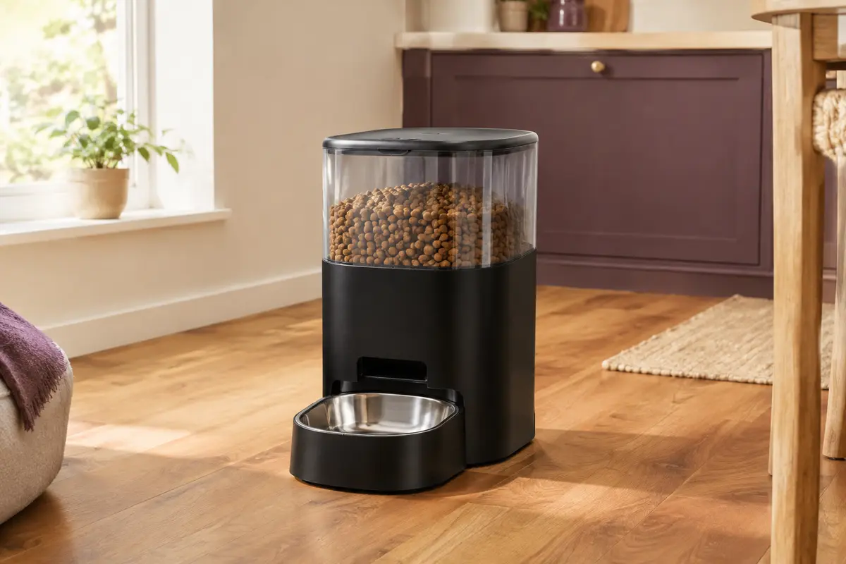 Distributeur automatique noir avec réservoir transparent et bol amovible en acier inoxydable posé sur un sol en bois.