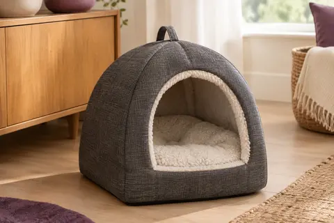 Lit grotte gris foncé pour chat avec entrée ouverte et coussin moelleux, posé dans un intérieur clair.