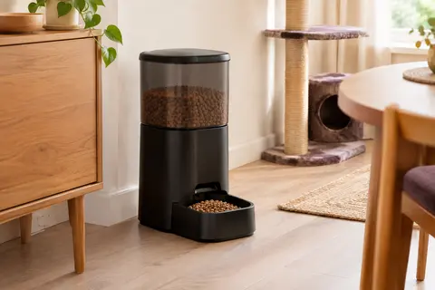 Distributeur automatique de croquettes noir posé dans un intérieur lumineux aux tons crème et bois miel