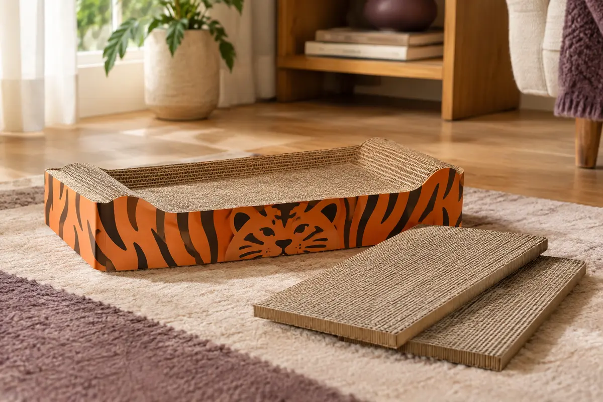 Boîte à griffer Casa Pura Tiger orange en carton ondulé, avec ses planches à gratter double face.