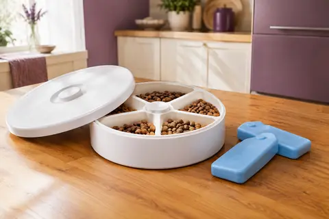 Mangeoire automatique blanche à cinq compartiments avec deux blocs réfrigérants, posée dans une cuisine lumineuse.