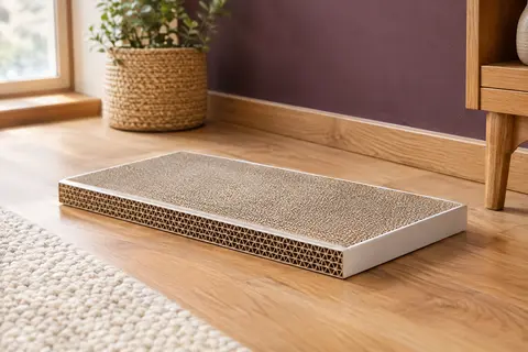 Griffoir plat blanc en carton ondulé posé au sol dans un intérieur clair aux tons crème et bois miel.