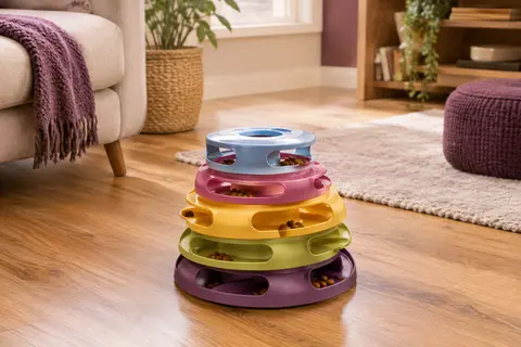 Labyrinthe alimentaire Catit en plastique multicolore posé sur un sol en bois clair.