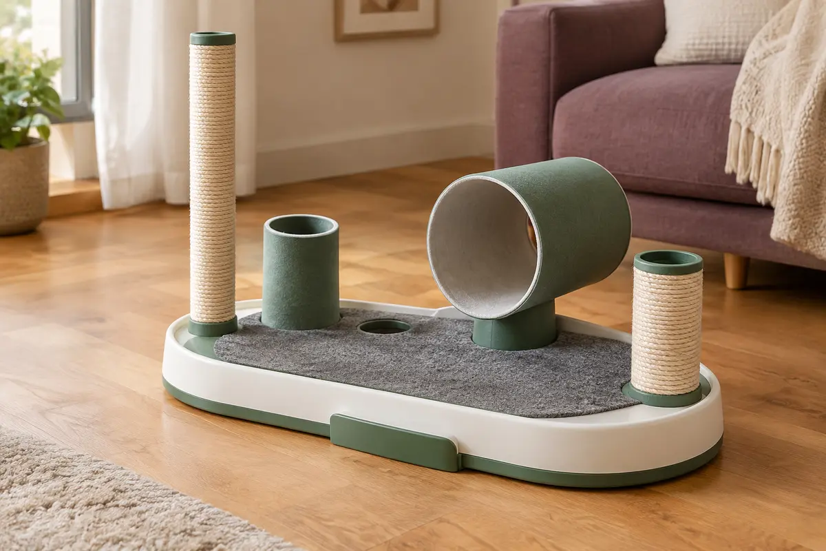 Jouet de fouille Catit blanc et vert avec tubes variés et tapis gris, posé sur un sol en bois.