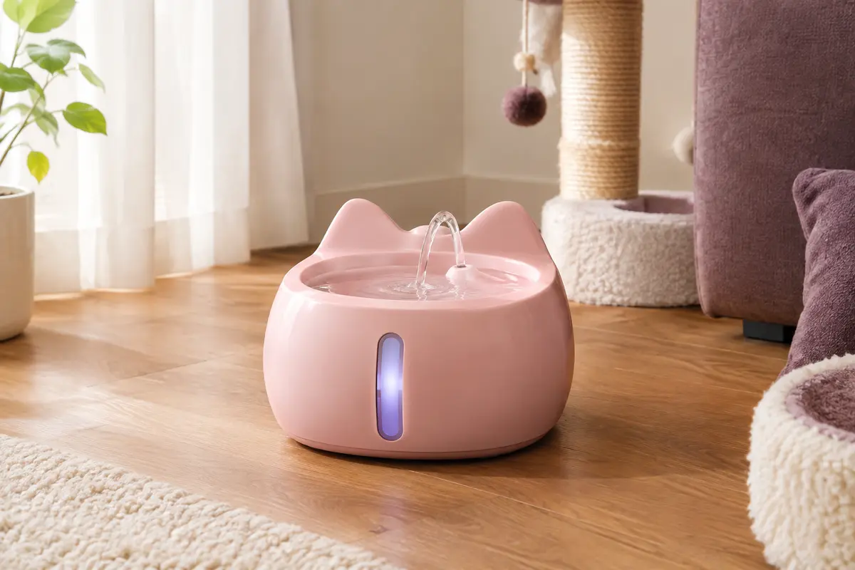 Fontaine à eau rose Catit Pixi avec jet arqué, posée dans un intérieur chaleureux aux tons crème et bois miel.